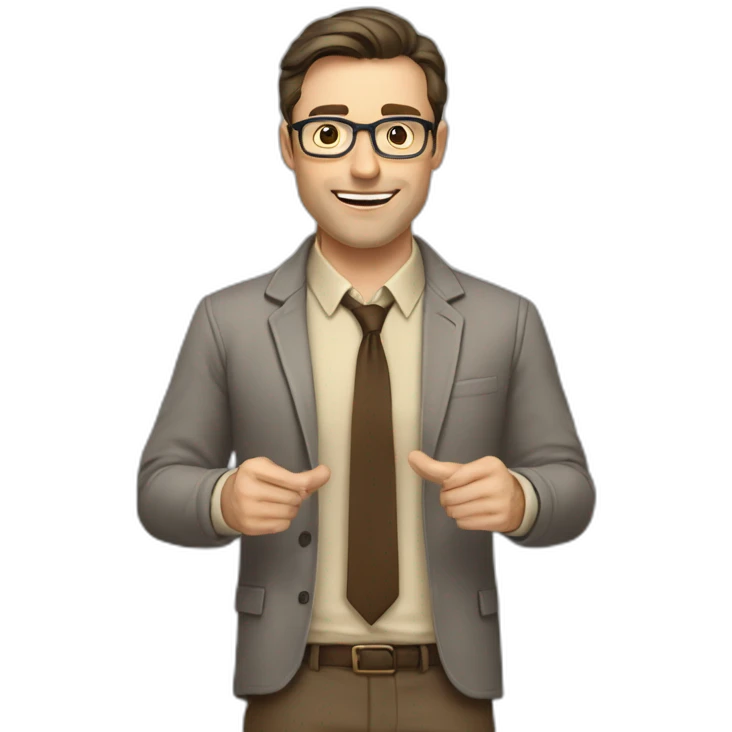 To belt Actively gesturing with hands Pale skinned fit man teacher with dark brown hair in gray jacket, beige office shirt, brown tie, brown pants and vintage glasses. emoji