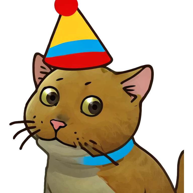 ginger tabby kitten celebrating birthday, wearing a birthday hat, with birthday cake, balloons, happy expression, and gifts emoji