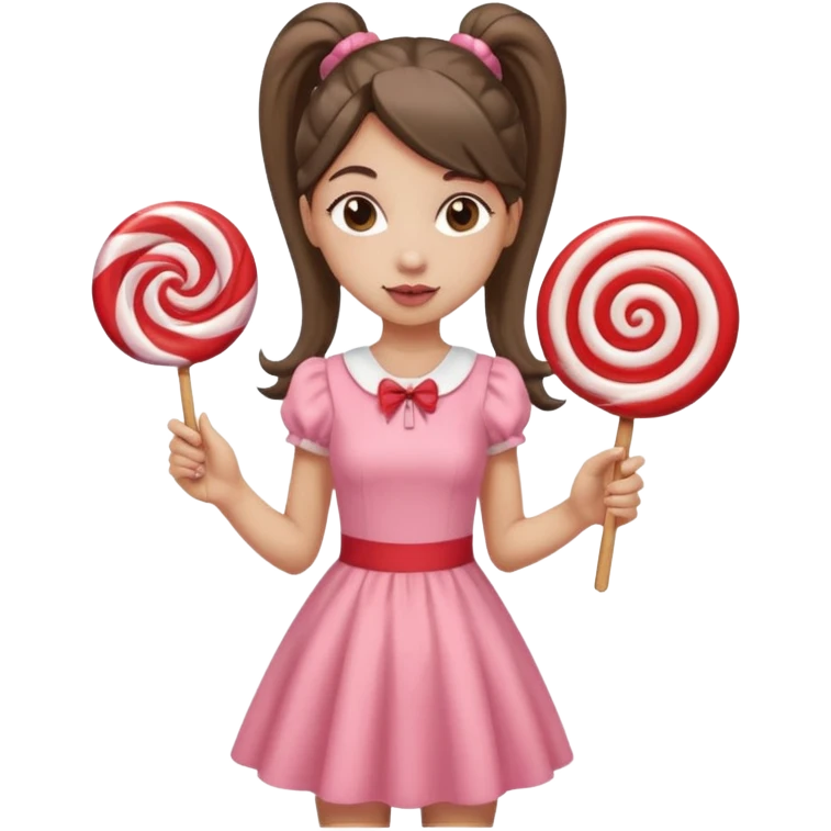 Girl with long dark ponytails wearing light pink body dress holding a lollipop emoji