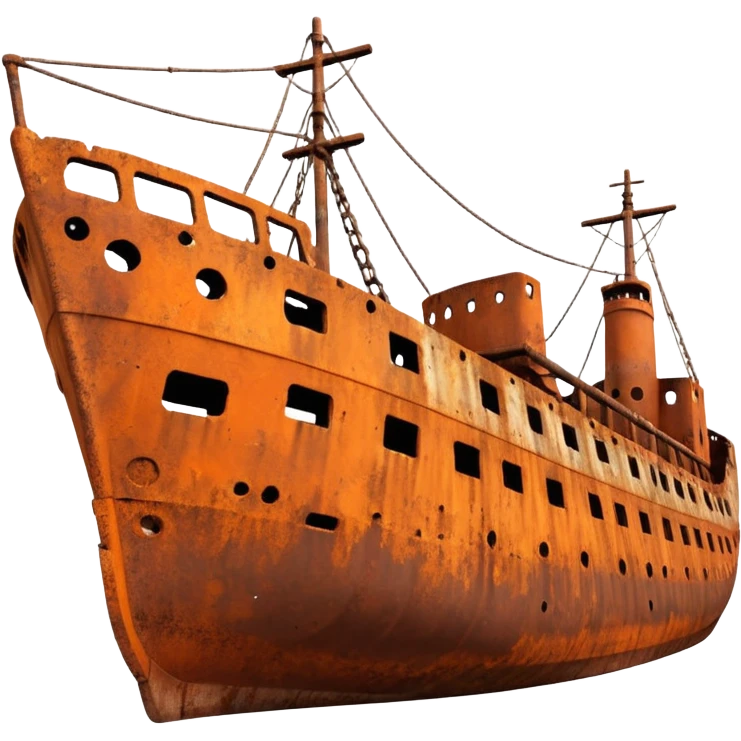 rusted ship wreck, heavily corroded metal hull, orange-brown rust textures, abandoned old ship, weathered surface, dramatic lighting, cinematic atmosphere, 3D cartoon style, mobile game environment art, clean composition, no people, no text, no watermark
 emoji