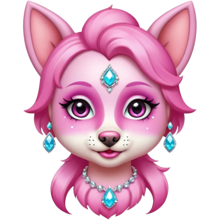 glamorous dog portrait, head and shoulders only, exaggerated pink makeup, bright eyeshadow, long eyelashes, shiny blush cheeks, sparkling face gems, glitter accents, elegant earrings, fantasy beauty style, cute 3D cartoon, mobile game icon style, clean background, no text, no watermark
 emoji