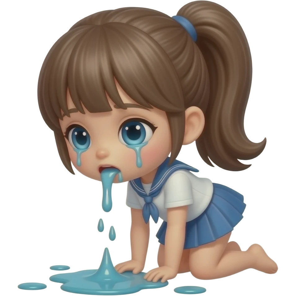 A full-body doll with a pretty ponytail is vomiting through her mouth, spewing it out onto the floor at her feet emoji