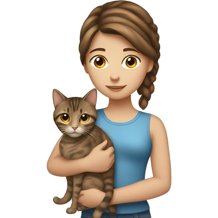 Girl with brown hair holding tabby cat emoji