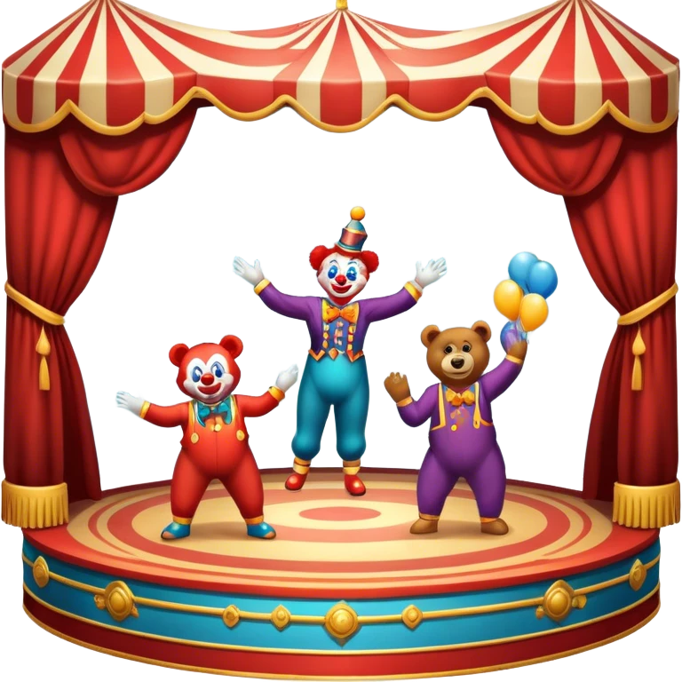Professional icon for Circus Arts: a dynamic circus stage with acrobats in mid-performance, a clown and trained performing bears. The icon should convey the skill and excitement of the circus, with precise details on costumes, props, and the arena setting. Transparent background. emoji