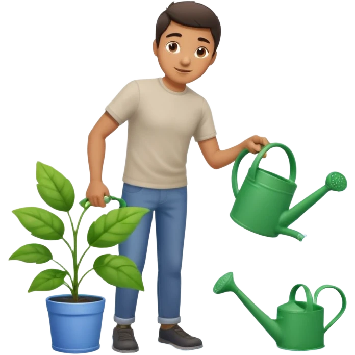 Realistic illustration of a man pouring water onto a green plant, standing outdoors in daylight, with a watering can in hand, gentle and caring expression, vibrant garden background, soft natural lighting, highly detailed, professional composition." emoji