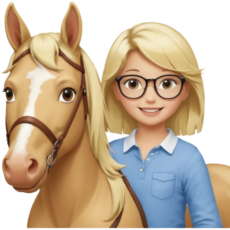 je voudrai un emoji d'une fille aux cheveux longs et blonds avec des lunettes qui fait plein de choses droles (1 avec un cheval, 1 derrière un écran ou une console, une entrain de découper, une entrain de faire un jeu de société, une qui cuisine, emoji
