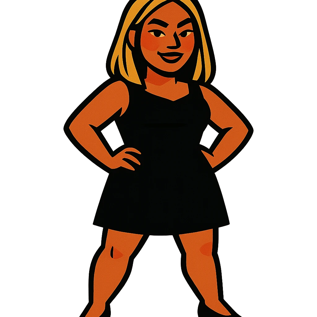 Asian woman, tanned skin, mid-long blonde hair, black dress, confident stance, vibrant toon style emoji