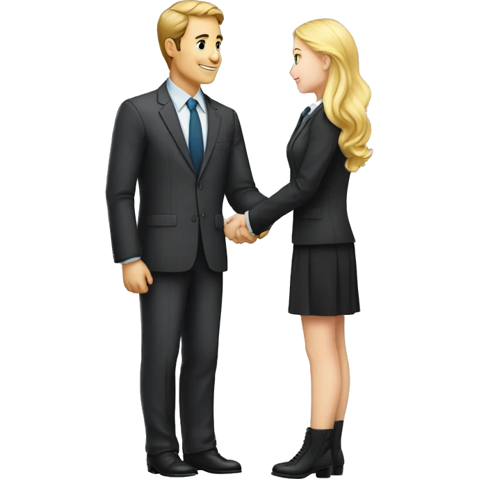 A 40-year-old fair-skinned businessman shakes hands with an 18-year-old fair-skinned blonde girl, full-length emoji emoji