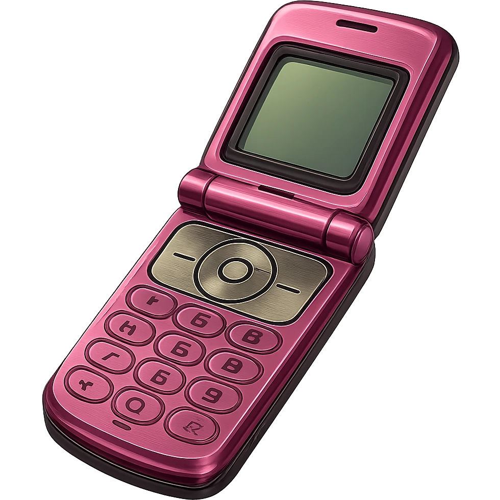 Make this vintage pink razor flip phone look more realistic in a photorealistic style, angled view, metallic pink, 2000s aesthetic, no background. emoji