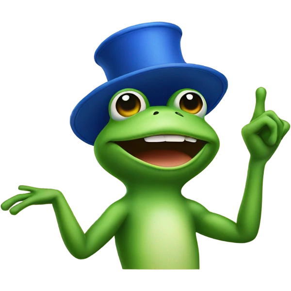 Create a frog with a blue hat, pointing finger to the sky emoji