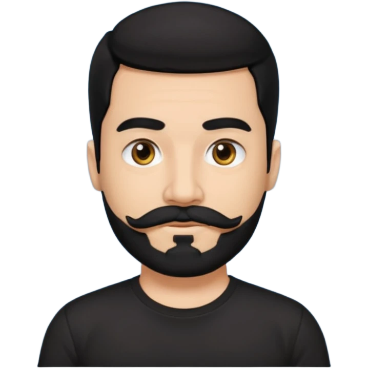 Man, hispanic skin, black hair, black beard, black mustache black eyes black t shirt emoji