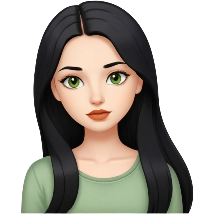 european girl with long black hair, long eyelashes, terracotta lips, light green top emoji