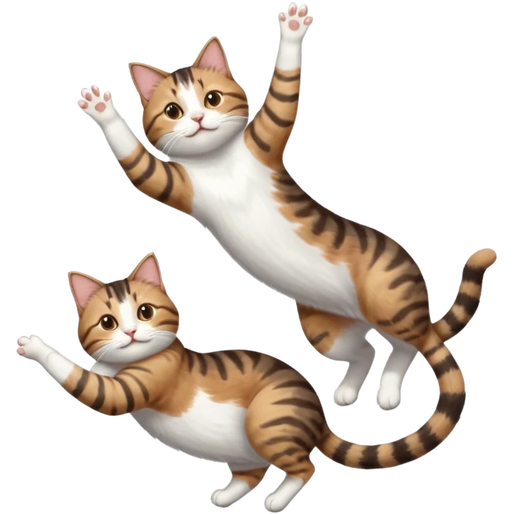 brown tabby and white cat with doing a big extremely long stretch reaching up into the air with arms and legs side by side together straight and overextended whilst lying on its side emoji