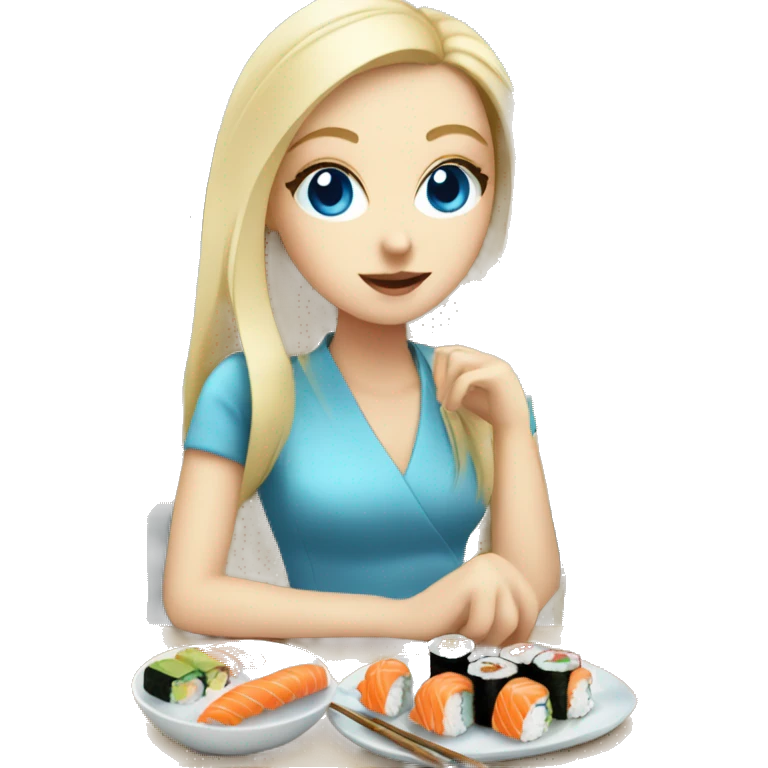 Blonde white girl with blue eyes eating sushi with friends emoji