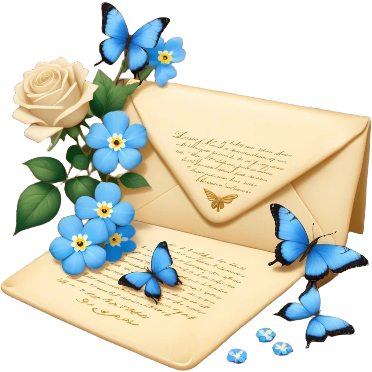 An intimate vignette of a golden wax-sealed letter placed on a vintage wooden desk, with a pair of blue butterflies hovering around a bouquet of soft ivory roses and baby blue forget-me-nots. emoji