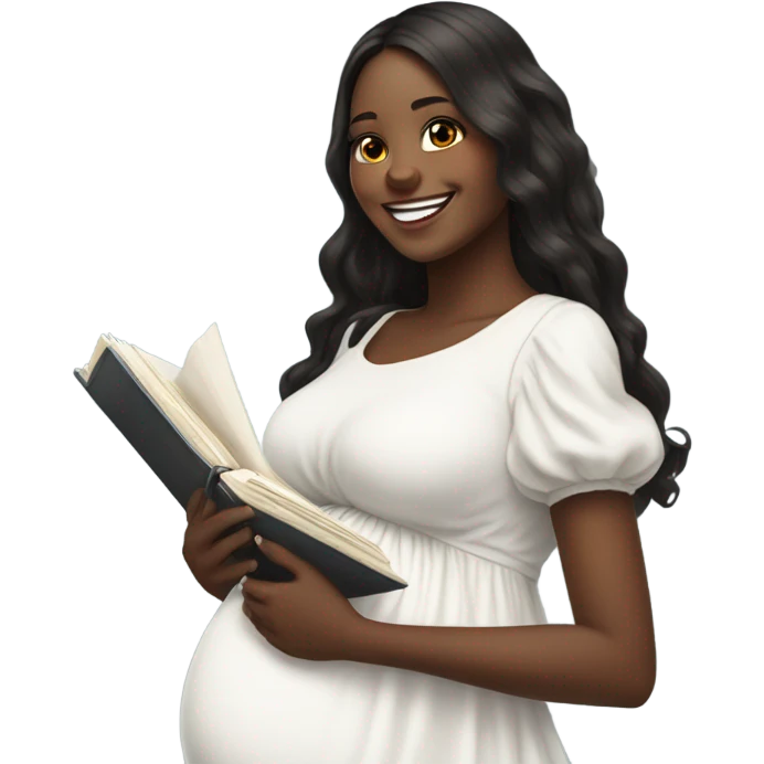 pregnant girl with long dark hair in a white dress with ruffles on it, holding an open photo album and looking at it with a smile emoji