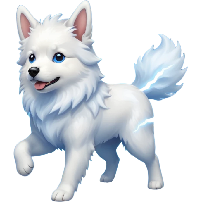 white majestic dog surrounded by lightning emoji