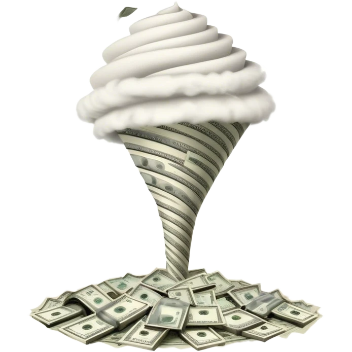 One hundred dollar bills flying around a tornado funnel emoji