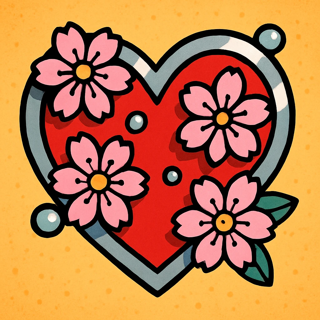 heart with sakura flowers and silver accents, vibrant toon style emoji