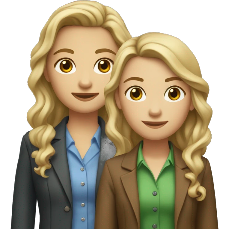 Two girls sitting: one with brown eyes, straight brown hair, fair skin, wearing a dress and boots, and the other with shoulder-length, curly blonde hair, blue eyes, a green blazer, and a white t-shirt. emoji