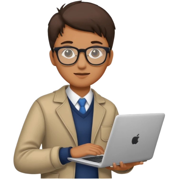 un estudiante que este parado con sus lentes y su laptop emoji