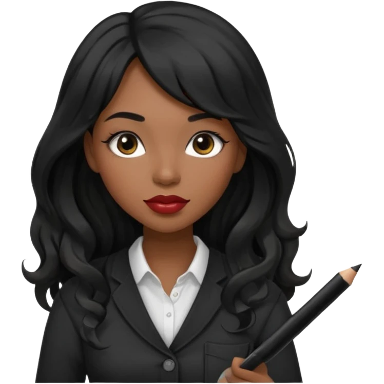 A young woman with long black hair, a wavy frange falling on half of her head.  She's black, medium to dark skinned with thick lips. She's holding something that let's us know she's the CEO of a creative agency, but she's wearing black casual clothes. she has long eyelashes. emoji