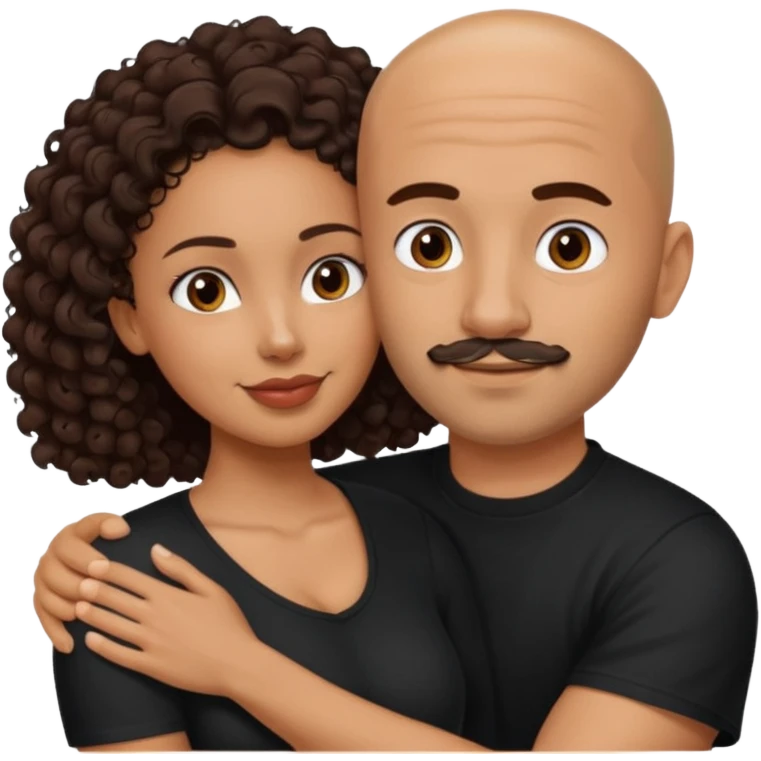 A picture of a tanned couple embracing. the man is a Mexican man with tanned skin, a bald hair cut, short beard and wearing a black shirt. the woman is mixed, with long curly dark brown hair and with big boobs  emoji