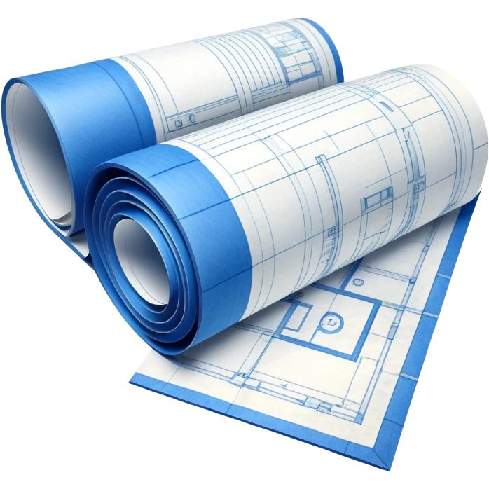 half rolled up blue blueprint plan with white architectural lines, perspective angle emoji