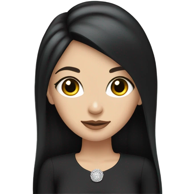 white girl with straight long black hair, wearing black dress with sleeves, hoops silver earrings and a silver necklace  emoji