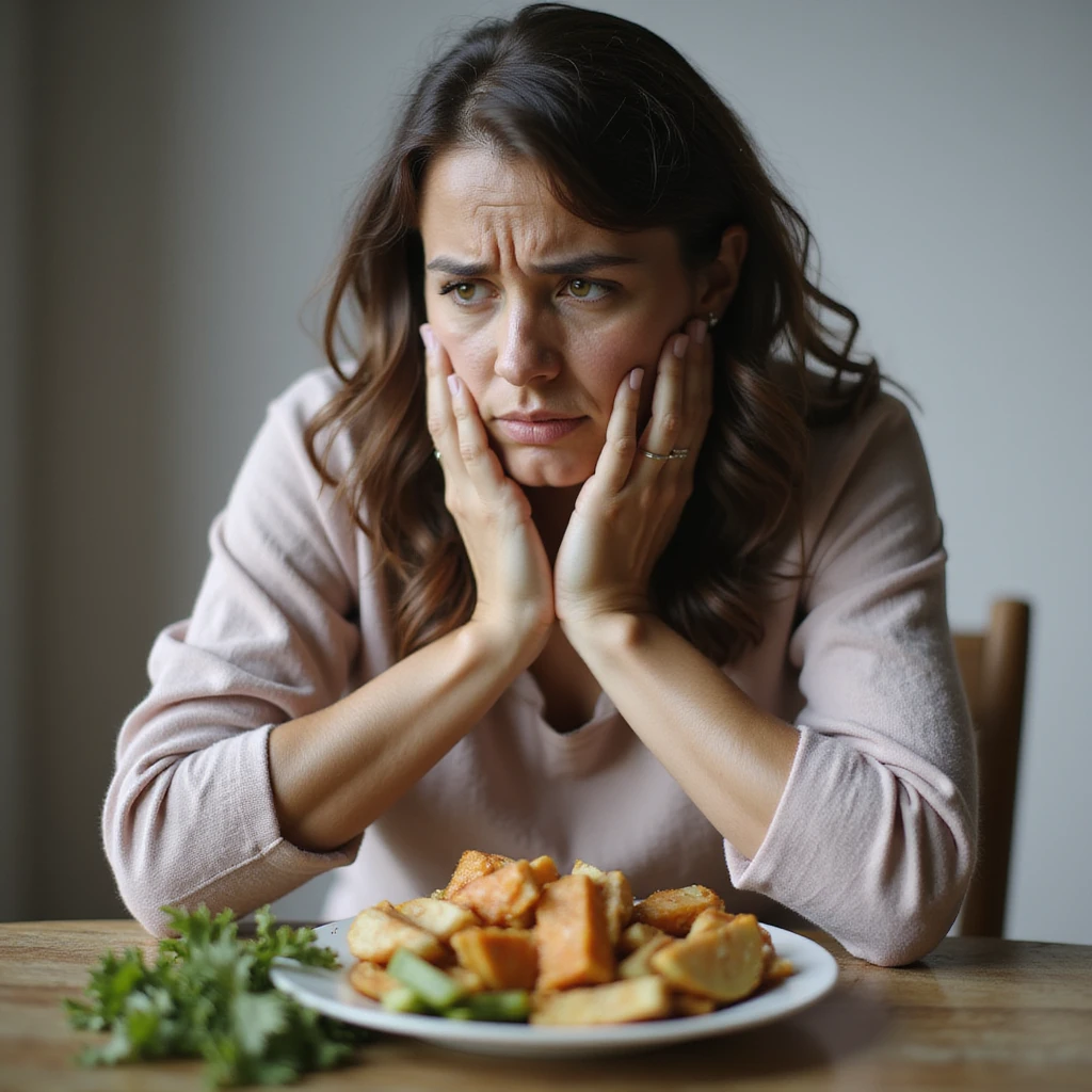 adult woman, photorealistic, diet not working, unable to lose weight, desperate and sad expression, sitting at table with healthy food but dissatisfied, natural light, kitchen background emoji