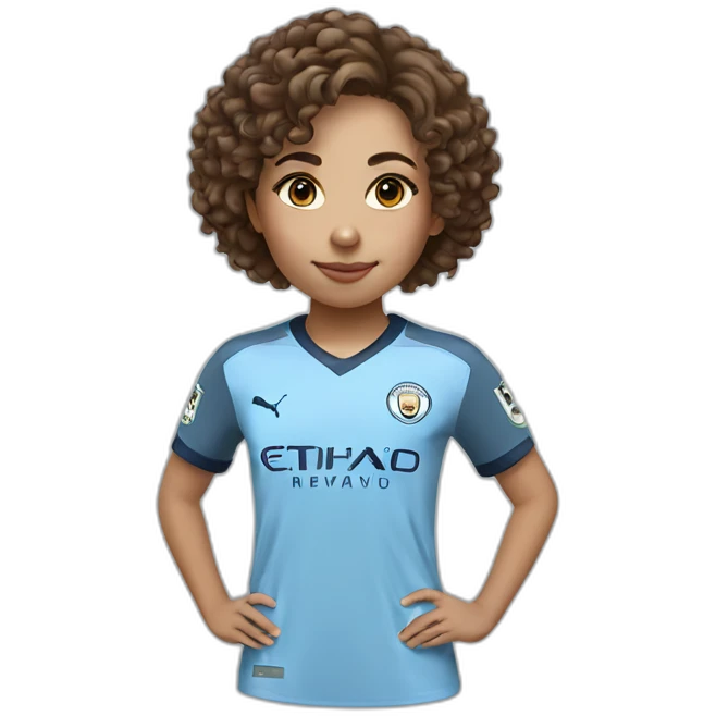 girl with short curly brown hair and eyes wearing Manchester City football shirt emoji