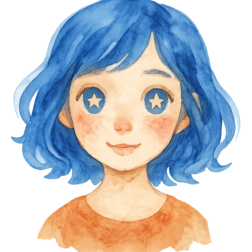 watercolor style girl with blue hair and stars in her eyes emoji