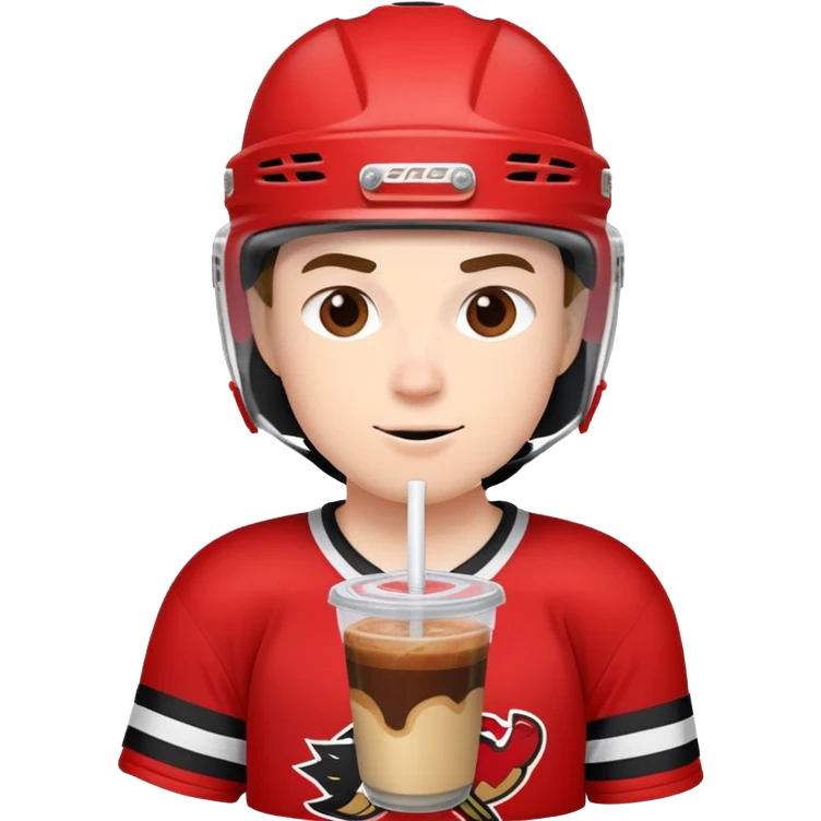 Hockey player in red and black wearing a helmet drinking an iced coffee  emoji