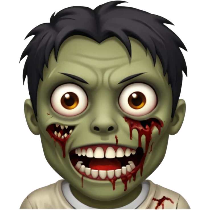 zombie with brown skin, messy black hair, wide centered brown eyes, dark bloody marks under the eyes, and a slightly open mouth showing crooked teeth grillz, giving a distressed, undead look. emoji