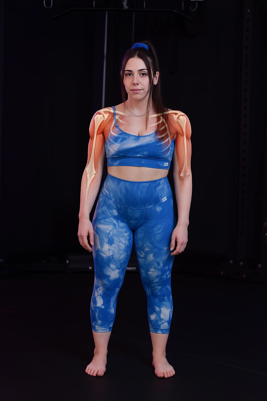 A woman with shoulder pain, add anatomically highlighted shoulders on the body, variant 1, in a style suitable for editing and anatomical emphasis. emoji
