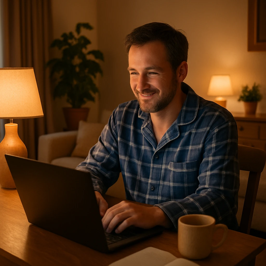 man in pajamas sitting at a desk with a laptop, cozy atmosphere, warm and inviting home environment emoji