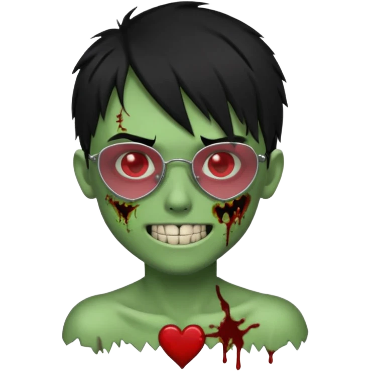 Zombie emo boy, green skin and black hair, chrome heart glasses and a scary cut open smile, scars and blood under eyes emoji