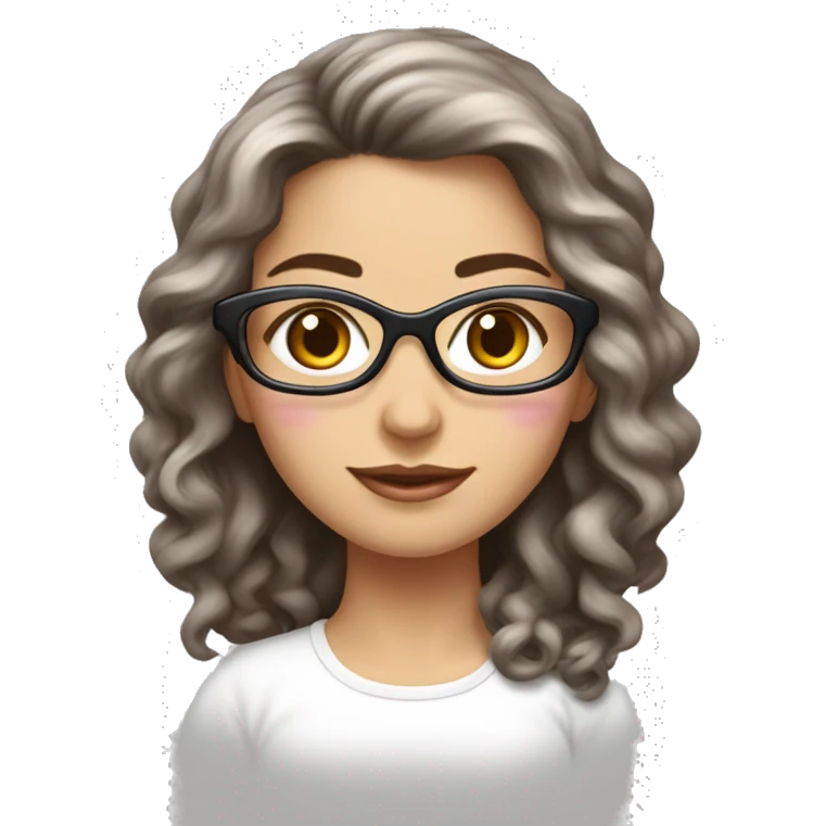 Femme blanche, brune, cheveux longs bouclés, lunettes rose pâle emoji