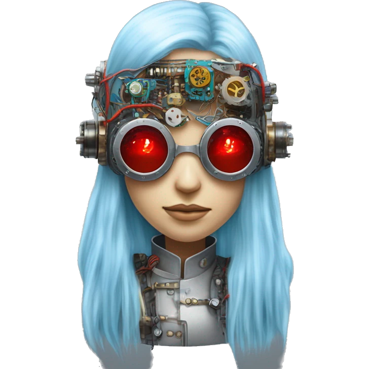 Light blue long hair female cyborg head with red steampunk goggles and circuits emoji