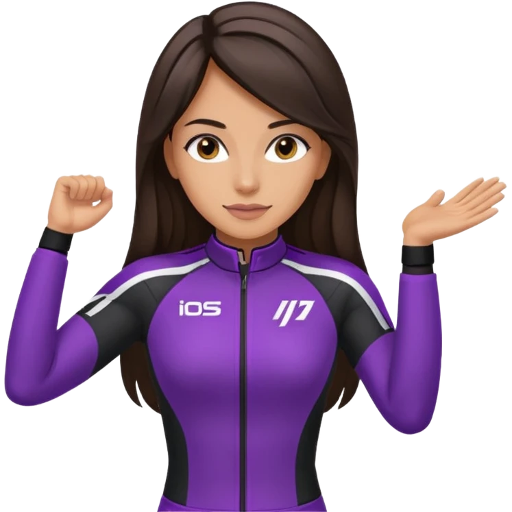 brunette long hair woman with black racing outfit with single purple strips on arms emoji