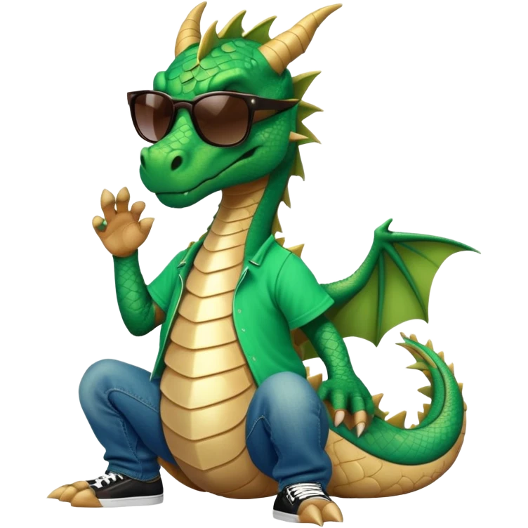 friendly anthropomorphised dragon in a hip-hop t-shirt and jeans with dark sunglasses, relaxed pose emoji