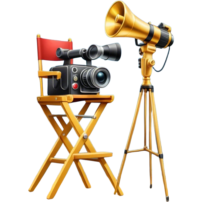 Icon for Directing: a director's chair, a large film camera, a megaphone, a stage set with lights and an Oscar statuette. The icon should represent the creative and leadership aspects of directing, with focus on film and theater production. Transparent background. emoji