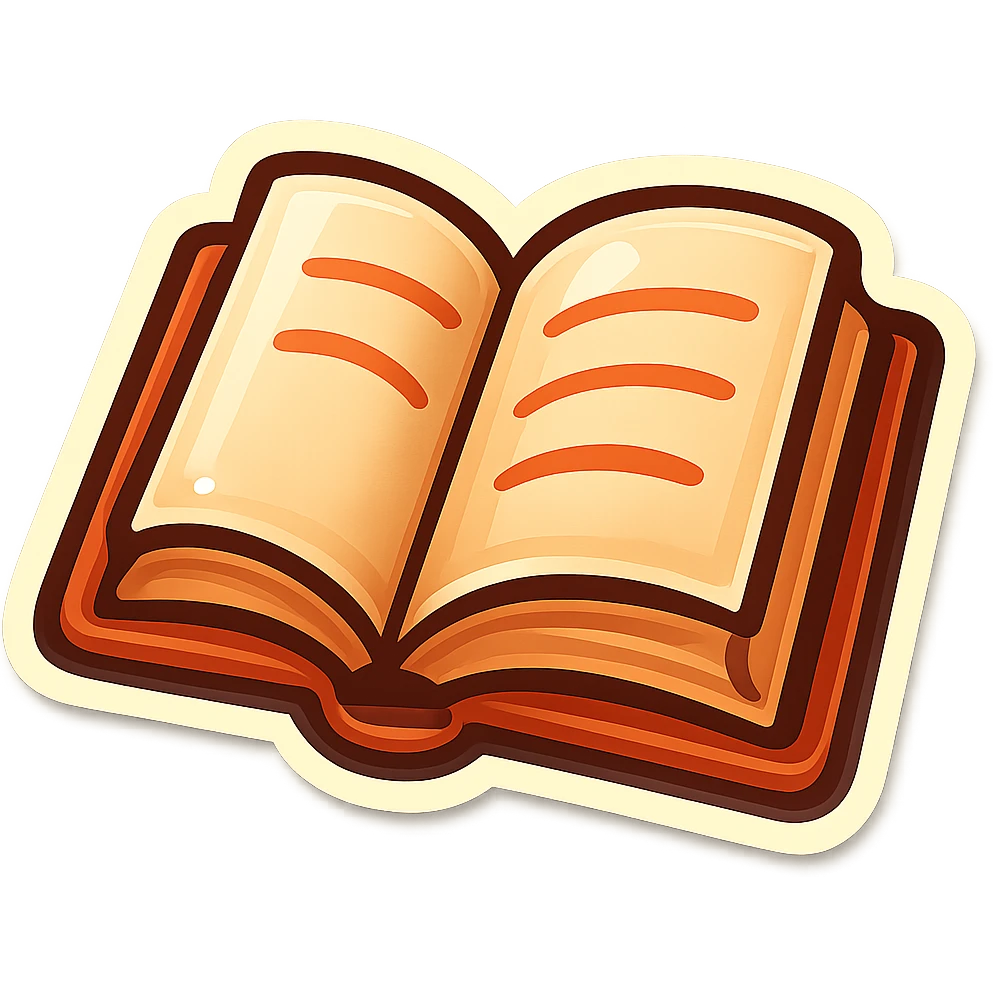 open book, retro stickers style, soft rounded shapes, expressive contours, vintage color palette, light paper texture, shadows and highlights, transparent background emoji