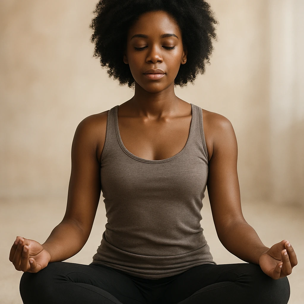 realistic style portrait of a black woman meditating, sitting in lotus position, with a soft background emoji