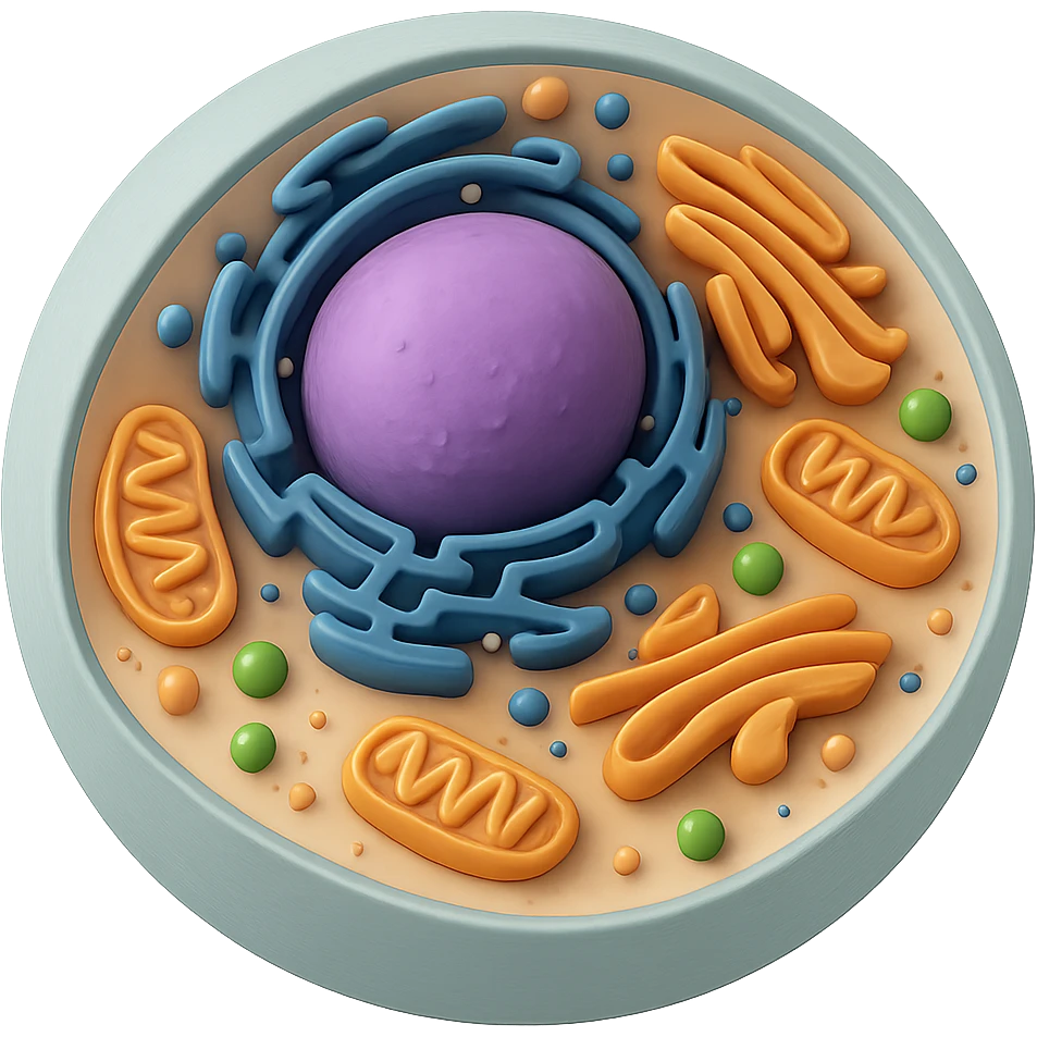 3D biological cell with visible organelles, pastel color palette, no background, in GPT Image style emoji