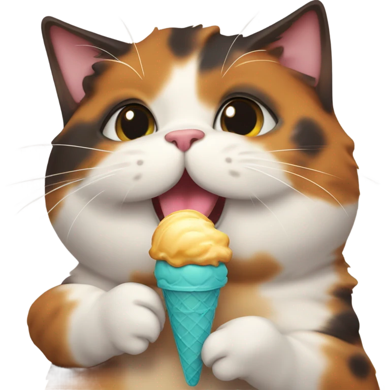 Cute fat tortoiseshell cat eating ice cream emoji