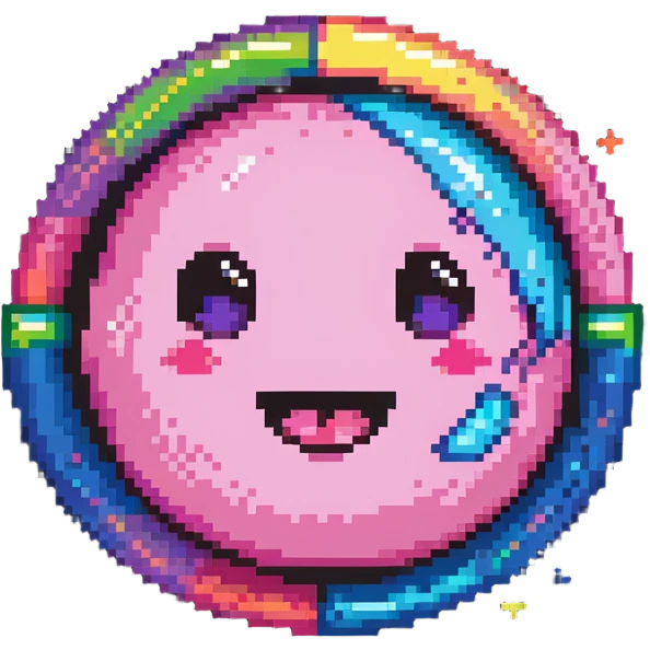 pink planet with vibrant rainbow rings and a cute winking face emoji