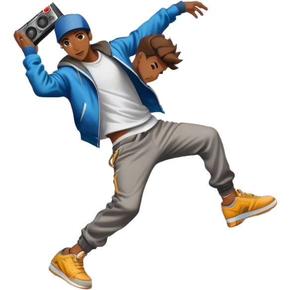 Icon for Street Dance: a dancer in urban streetwear performing a dynamic lower breakdance move, with a spray-painted background and a boombox on the asphalt. The icon should capture the energy, style, and creativity of street dance culture. Transparent background. emoji
