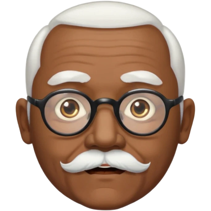 an elderly man with medium-dark skin tone, bald on top with short white hair at the sides, thick white eyebrows, large brown eyes, and wears black-framed glasses.
A small white beard sits above his mouth emoji