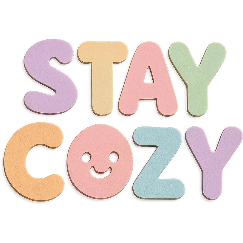 "Stay Cozy" text in soft pastel rainbow rounded bubble font, cute kawaii style, no border, transparent background, paper craft style emoji